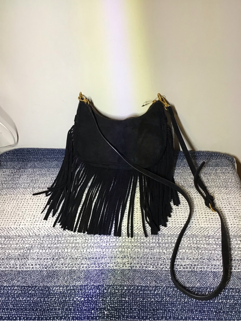 Black Faux Suede Fringe Shoulder Bag with Adjustable Strap